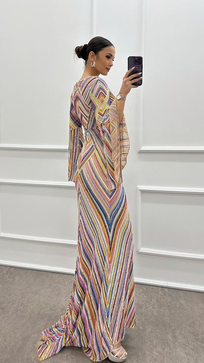 Bej V Yaka Kol Özel Tasarım Abiye Elbise