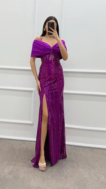 Robe de soirée à paillettes à nœud de poitrine fuchsia