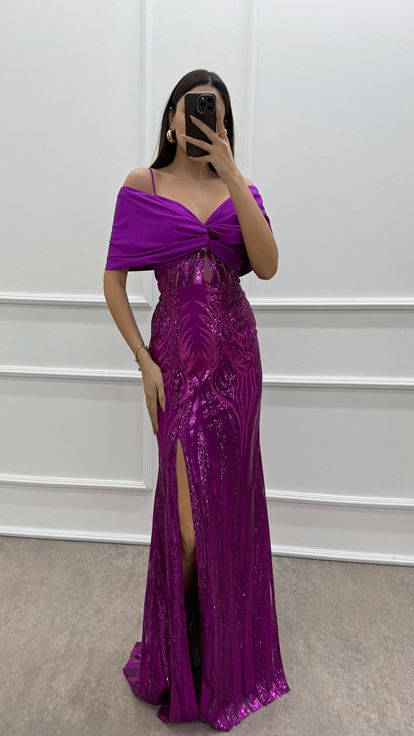 Fuşya Göğsü Fiyonk Payetli Abiye Elbise