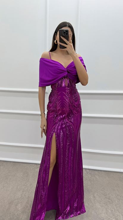 Fuşya Göğsü Fiyonk Payetli Abiye Elbise