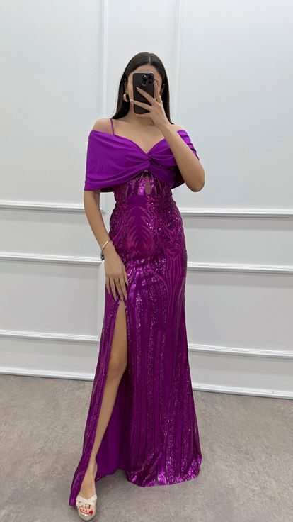 Fuşya Göğsü Fiyonk Payetli Abiye Elbise