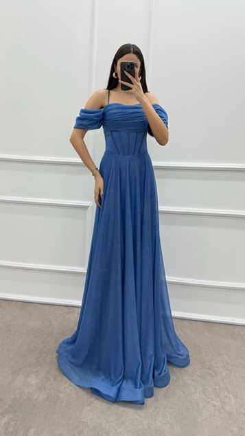 Vestido de purpurina con detalle de hombro con correa de cuerda índigo