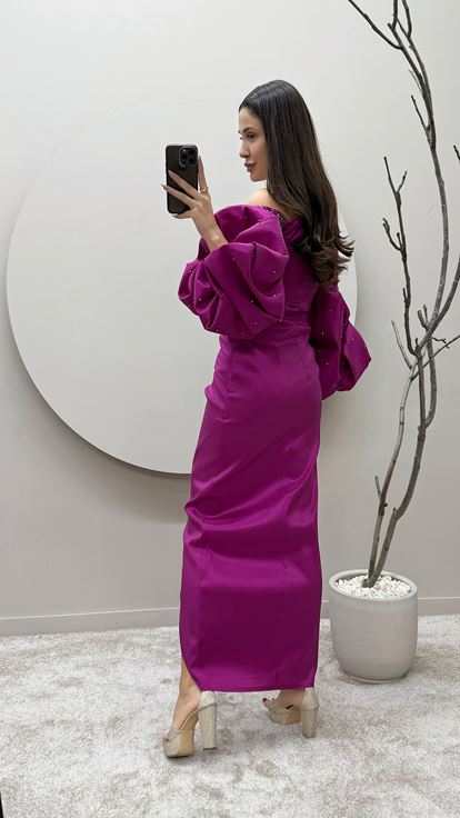 Abito İn Pietra Fucsia Con Maniche A Palloncino Senza Spalline