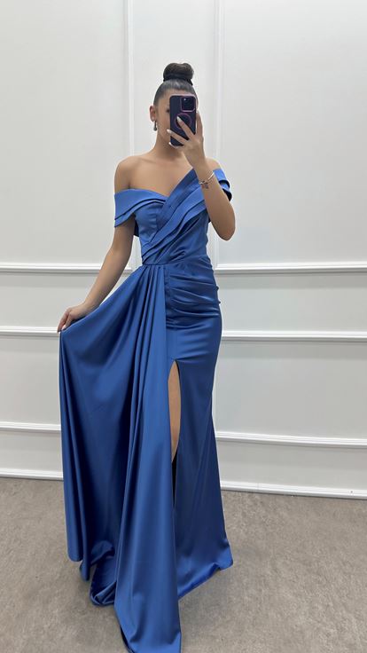 Indigo Strapless Boat Neck Pleated Satin Dress