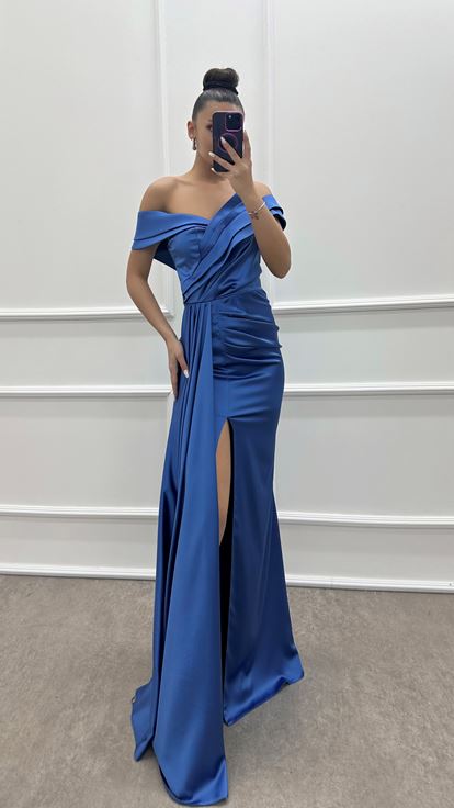 Indigo Strapless Boat Neck Pleated Satin Dress