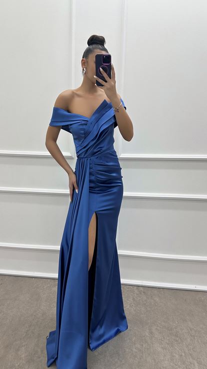 Indigo Strapless Boat Neck Pleated Satin Dress