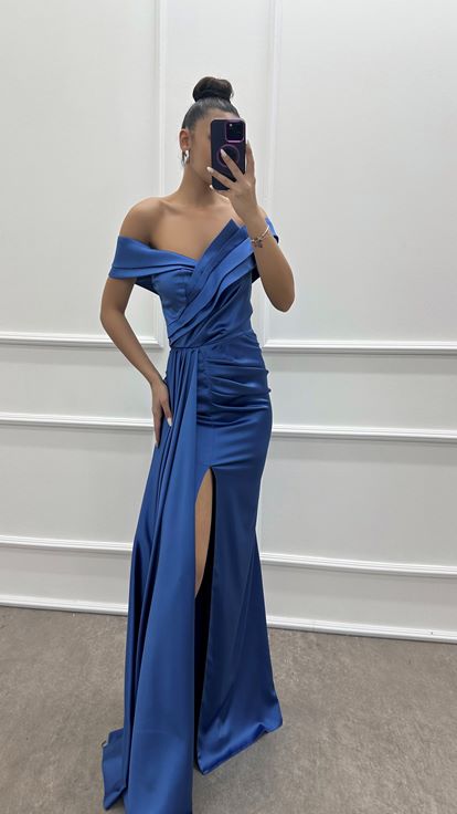 Indigo Strapless Boat Neck Pleated Satin Dress