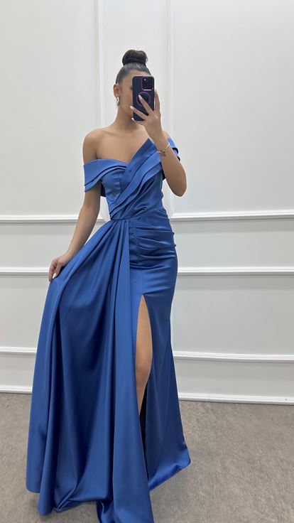 Indigo Strapless Boat Neck Pleated Satin Dress