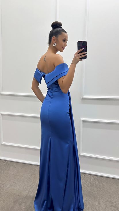 Indigo Strapless Boat Neck Pleated Satin Dress