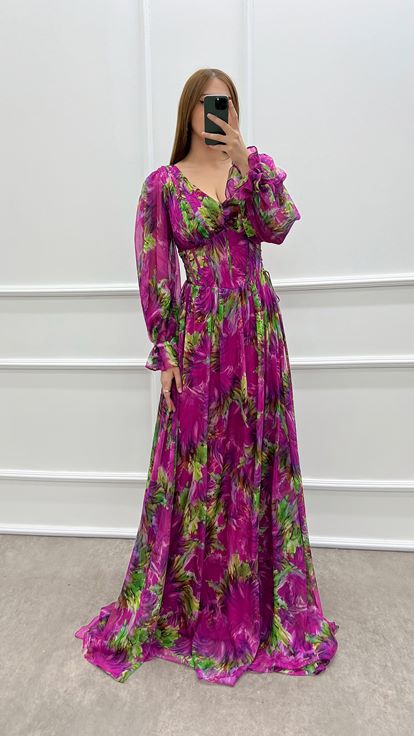 Gemustertes Chiffon-Kleid in Fuchsia mit Ballonärmeln in Übergröße