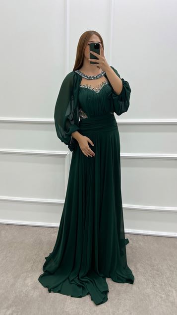 Vert Émeraude Poitrine Transparent Ballon Manches Pierre Plus Size Robe