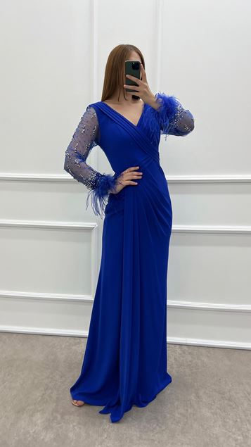 Sax Manches Plissées Brodées Plumes Grande Taille Robe