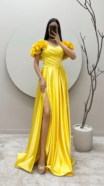 Yellow Rope Strap Floral Detail Satin Evening Dress