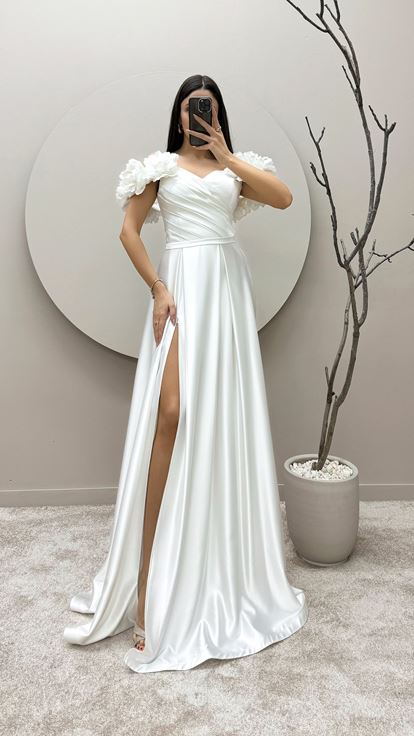 White Rope Strap Floral Detail Satin Evening Dress