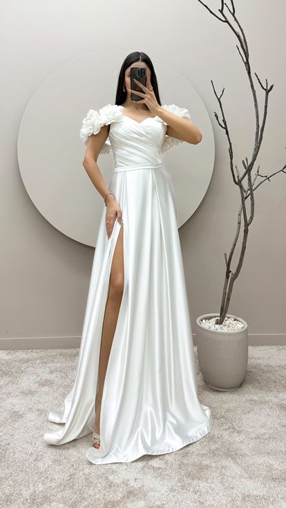 White Rope Strap Floral Detail Satin Evening Dress