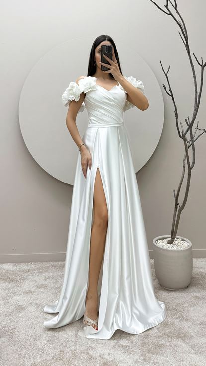White Rope Strap Floral Detail Satin Evening Dress
