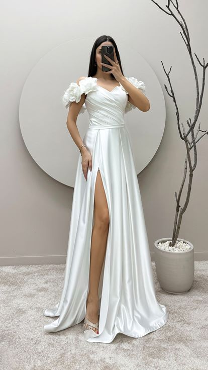 White Rope Strap Floral Detail Satin Evening Dress