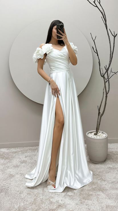 White Rope Strap Floral Detail Satin Evening Dress