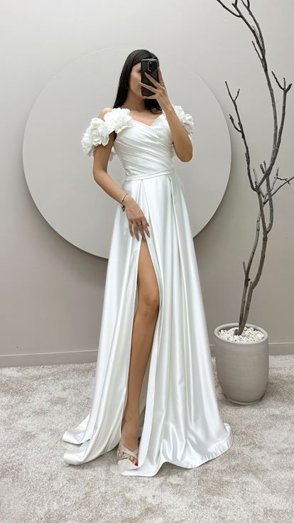 White Rope Strap Floral Detail Satin Evening Dress
