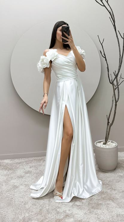 White Rope Strap Floral Detail Satin Evening Dress