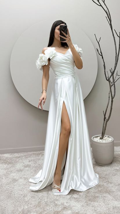 White Rope Strap Floral Detail Satin Evening Dress