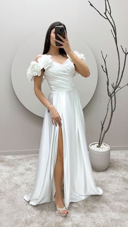 White Rope Strap Floral Detail Satin Evening Dress