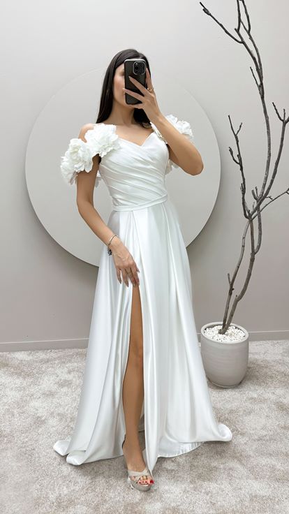 White Rope Strap Floral Detail Satin Evening Dress