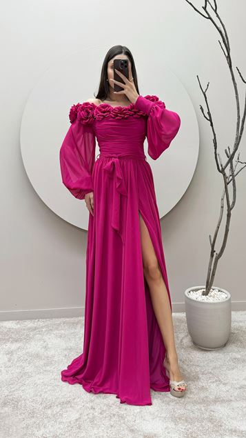 Robe de soirée à bretelles en corde fuchsia