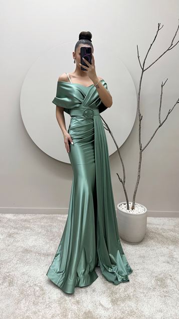 Mint Green Boat Neck Belted Evening Dress