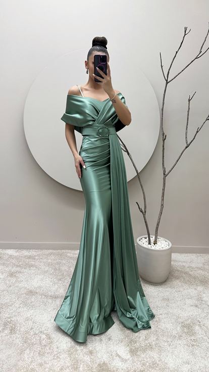 Mint Green Boat Neck Belted Evening Dress