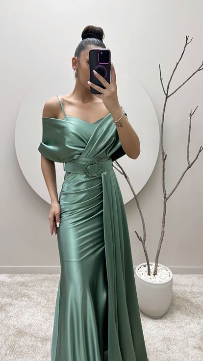 Mint Green Boat Neck Belted Evening Dress
