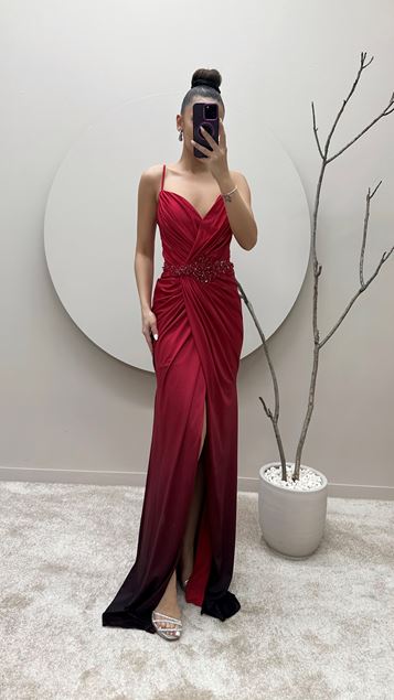 Robe de soirée en pierre de taille à bretelles de corde rouge