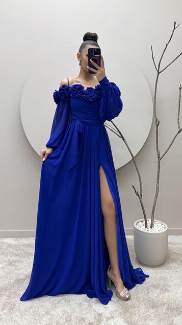 Saks Rope Strap Collar Floral Evening Dress