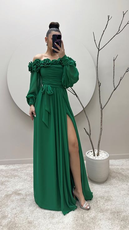 Emerald Green Rope Strap Collar Floral Evening Dress