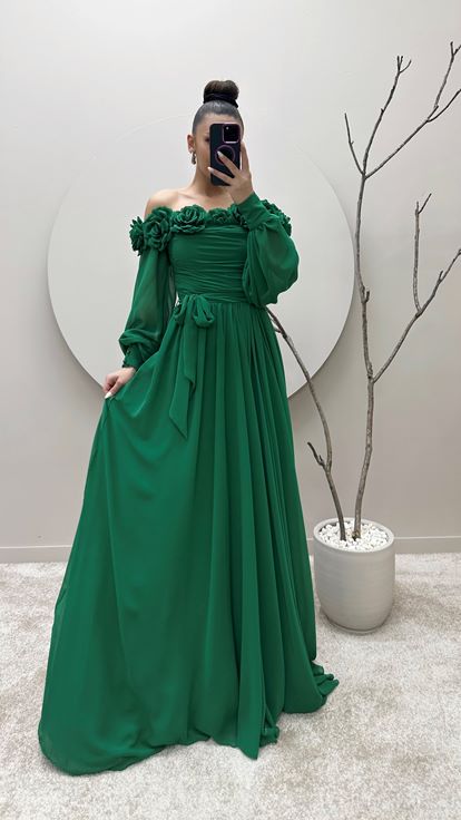 Emerald Green Rope Strap Collar Floral Evening Dress