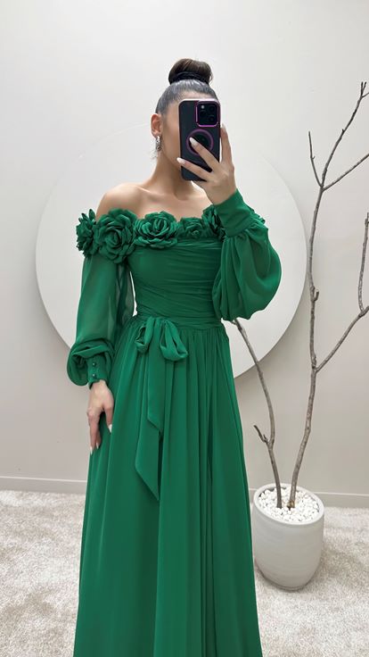 Emerald Green Rope Strap Collar Floral Evening Dress