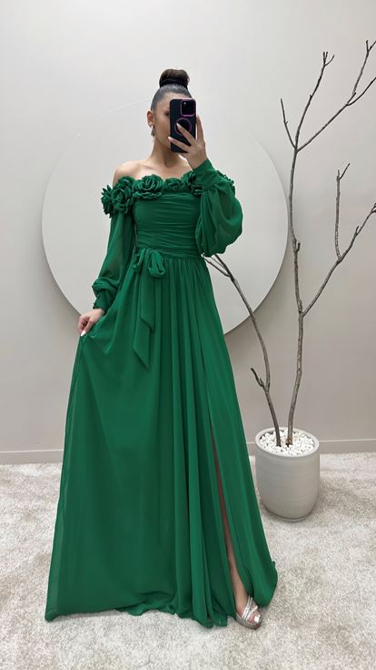 Emerald Green Rope Strap Collar Floral Evening Dress