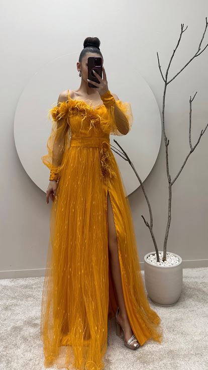 Yellow Rope Strap Shoulder And Waist Floral Tulle Evening Dress