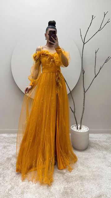 Yellow Rope Strap Shoulder And Waist Floral Tulle Evening Dress