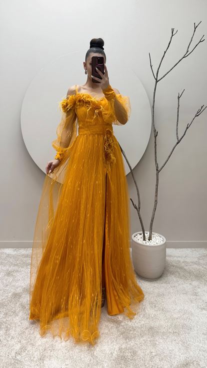 Yellow Rope Strap Shoulder And Waist Floral Tulle Evening Dress
