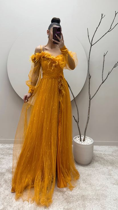 Yellow Rope Strap Shoulder And Waist Floral Tulle Evening Dress
