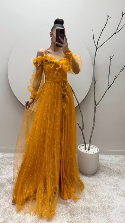 Yellow Rope Strap Shoulder And Waist Floral Tulle Evening Dress