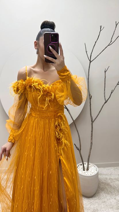 Yellow Rope Strap Shoulder And Waist Floral Tulle Evening Dress