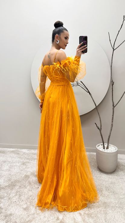 Yellow Rope Strap Shoulder And Waist Floral Tulle Evening Dress