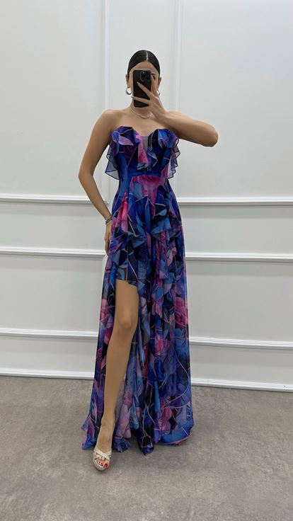 Fuchsia Strapless Flounced Evening Dress