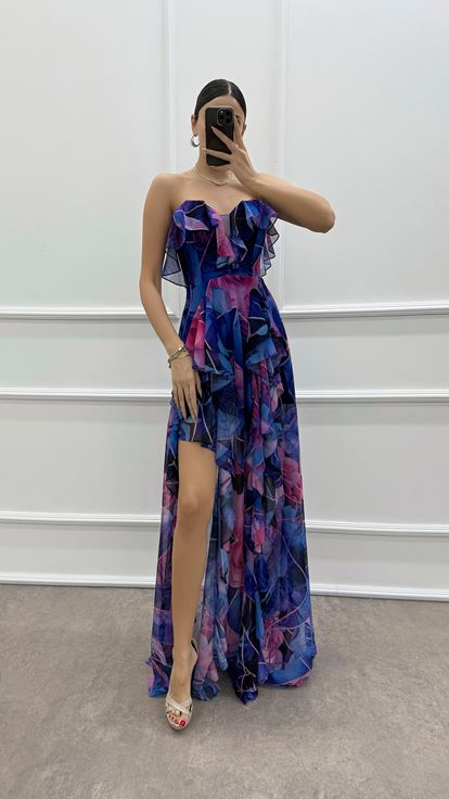 Fuchsia Strapless Flounced Evening Dress