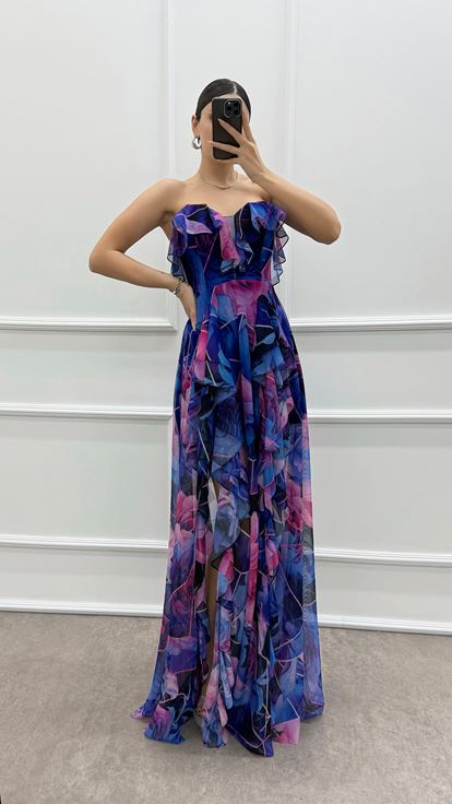 Fuchsia Strapless Flounced Evening Dress