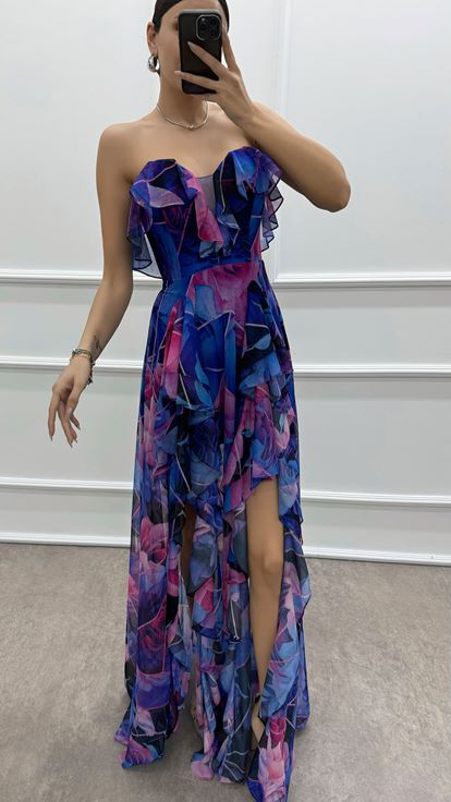 Fuchsia Strapless Flounced Evening Dress