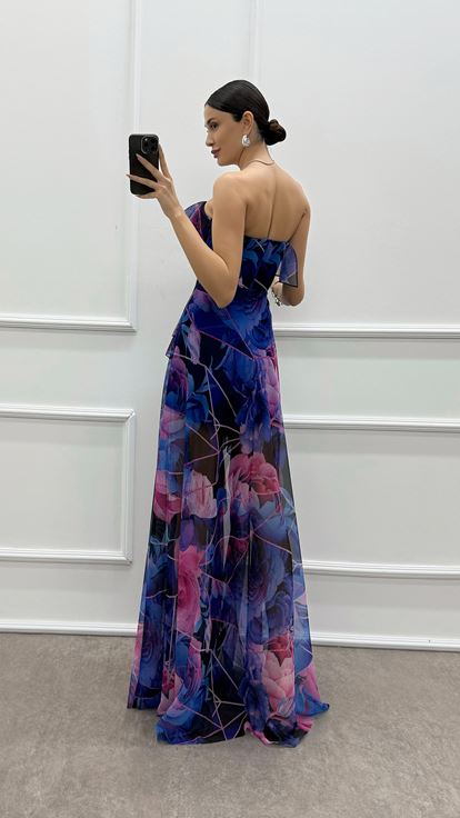 Fuchsia Strapless Flounced Evening Dress