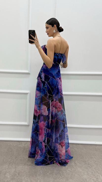 Fuchsia Strapless Flounced Evening Dress